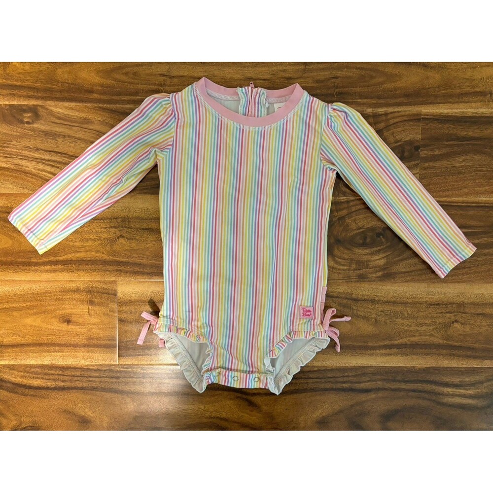 RuffleButts One-Piece Rashguard Swimsuit, Rainbow Stripes, Size 3T